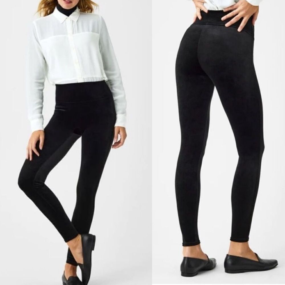 Spanx Black Velvet hi rise full length Leggings NYE dance pants M -runs tight